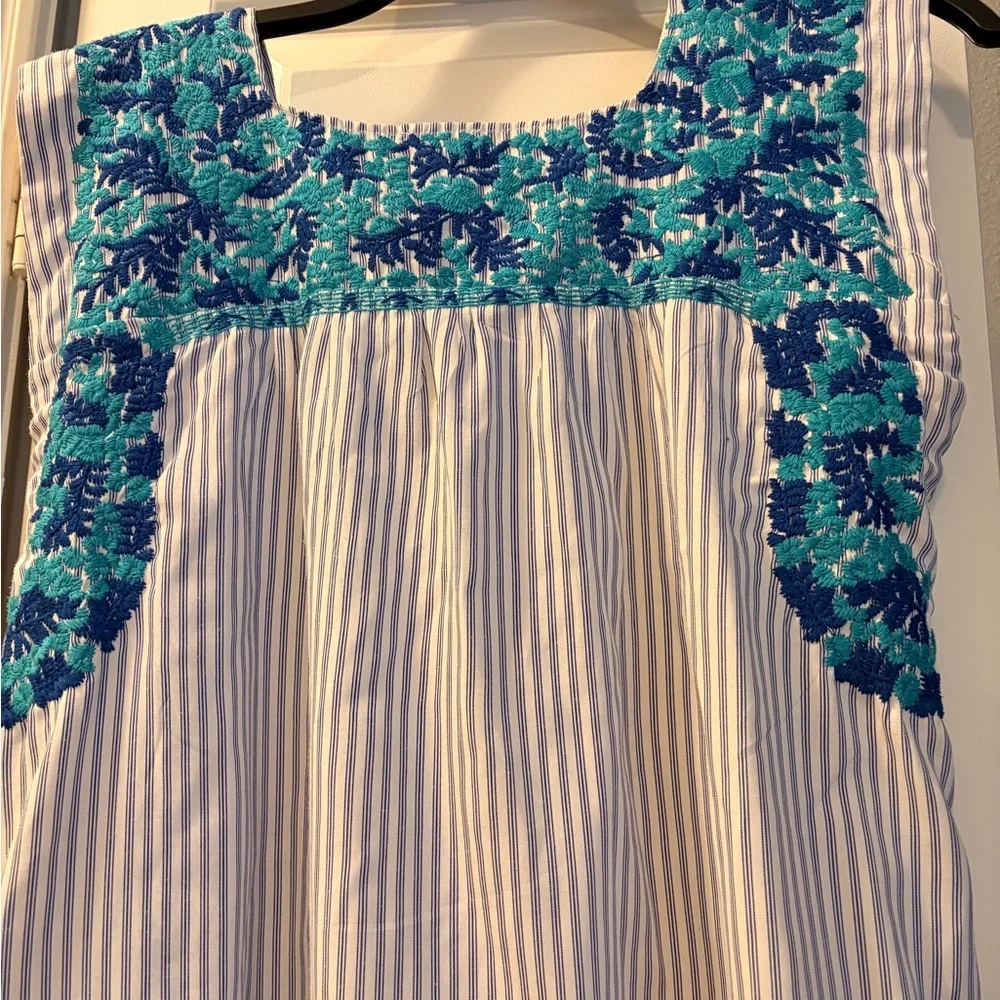 J. Marie Sleeveless Cotton Blue Stripe Mini Dress with Teal Floral Embroidery - Picture 5 of 6